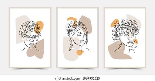 Big Set of Various Faces, Leaves, Flowers, abstract shapes. Ink painting style. Contemporary Hand drawn Vector illustrations. Continuous line, minimalistic elegant concept. All elements are isolated
