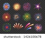 Big set of various fireworks with brightly shining sparks. Colorful pyrotechnics show. Realistic fireworks celebration isolated vector illustration. Beautiful light performance in night sky.