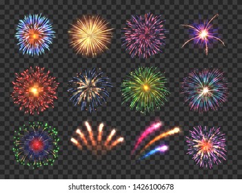 Big set of various fireworks with brightly shining sparks. Colorful pyrotechnics show. Realistic fireworks celebration isolated vector illustration. Beautiful light performance in night sky.