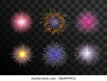 Big set of various fireworks with brightly shining sparks. Realistic fireworks celebration. Bright fireworks in the night starry sky.