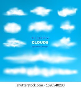 Big set with various fluffy vector clouds isolated on blue background. Vector illustration for your graphic design.