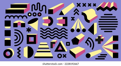 Big set of various geometric shapes in a spatial perspective in Memphis style. Vector illustration. Elements for decor and design.