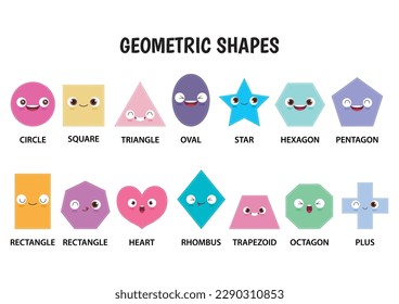 Big Set of Various Geometric Shapes with Face Emotions. Different shapes for Flash Cards Flat icon Style Vector illustration for kids. Cute funny characters. All elements are isolated