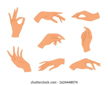 Big set of various gestures isolated on white background. Vector illustration of female hands in a realistic poses, modern elegant thin liner style. Design elements, icons, logos, emblems, signs.