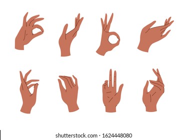 Big set of various gestures isolated on white background. Vector illustration of black female hands in a realistic poses, modern elegant thin liner style. Design elements, icons, logos, emblems, signs