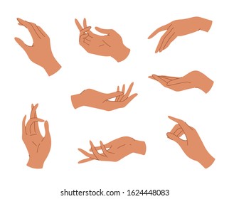 Big set of various gestures isolated on white background. Vector illustration of black female hands in a realistic poses, modern elegant thin liner style. Design elements, icons, logos, emblems, signs