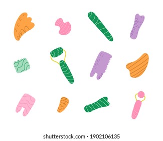 Un gran conjunto de rascacielos de gua, rollitos de piedras preciosas, masajistas con un patrón. Autocuidado, antiedad facial y herramientas de spa de cuidado corporal. Ilustración aislada del vector.