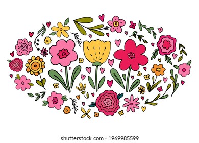 Big set of various hand drawn simple floral doodles - flower, herb, branch, heart. Cute vector illustration of spring summer flowers in limited palette colors. Bright childish design element isolated