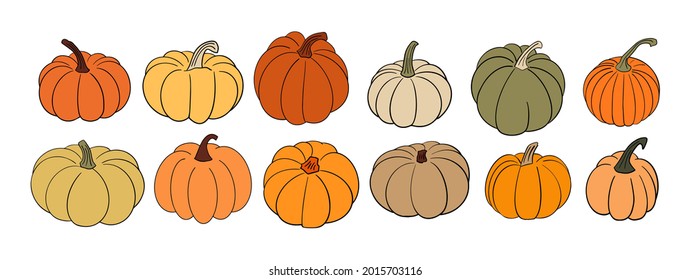 Big set of various hand drawn pumpkin squash in warm natural fall colors isolated on white. Vector illustration - autumn themes, Halloween, Thanksgiving design elements. Rustic cottagecore collection.