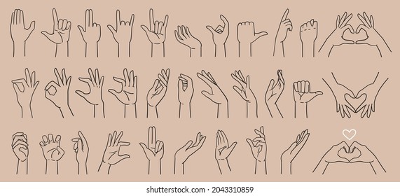 Big set Various hand gestures, hand signs, hand drawn with a line. Vector illustration isolated on white.