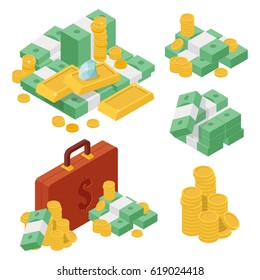 Big set various heaps of money gold coins golden bar dollar packet. Isometric vector illustration