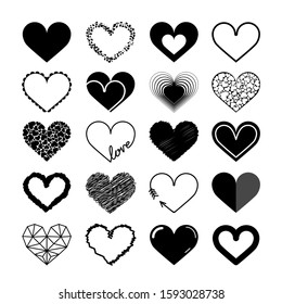 Big set of various heart shapes isolated on white background. Heart shaped borders and frames. Vector illustration for your graphic design.