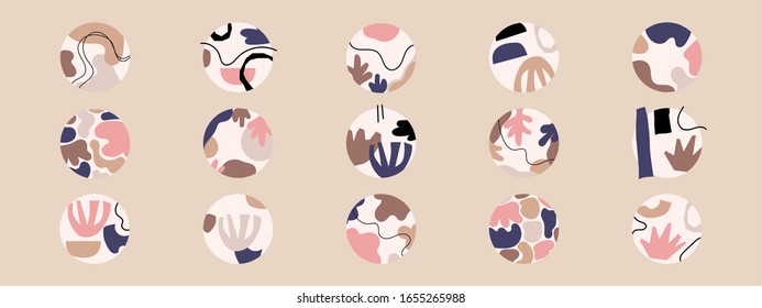Big set of various highlight covers, abstract backgrounds with various hand drawn organic shapes, lines, spots, dots, doodle objects, round icons templates for social media stories, ideal for blogger