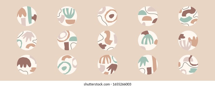 Big set of various highlight covers, abstract backgrounds with various hand drawn organic shapes, lines, spots, dots, doodle objects, round icons templates for social media stories, ideal for blogger