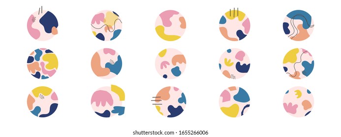 Big set of various highlight covers, abstract backgrounds with various hand drawn organic shapes, lines, spots, dots, doodle objects, round icons templates for social media stories, ideal for blogger