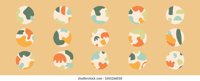 Big set of various highlight covers, abstract backgrounds with various hand drawn organic shapes, lines, spots, dots, doodle objects, round icons templates for social media stories, ideal for blogger