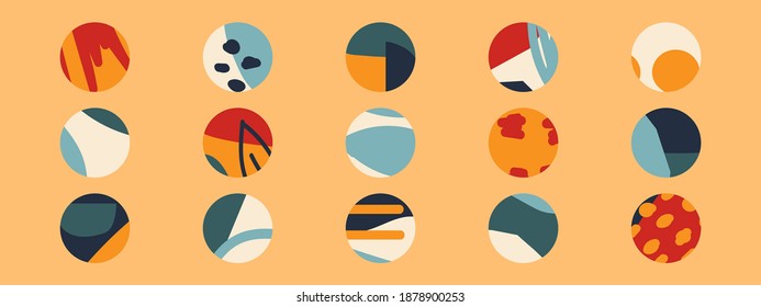 Big set of various highlight covers, abstract backgrounds with various hand drawn organic shapes, lines, spots, dots, doodle objects, round icons templates for social media stories, ideal for blogger