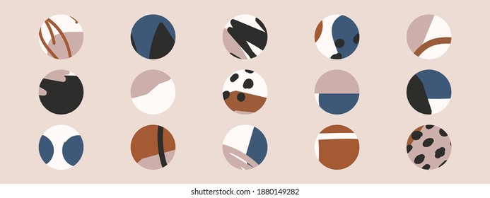 Big set of various highlight covers, abstract backgrounds with various hand drawn organic shapes, lines, spots, dots, doodle objects, round icons templates for social media stories, ideal for blogger