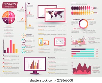 A Big Set Of Various Infographic Elements Including Statistical Charts, Graphs, Bars With Digital Devices Display For Business And Corporate Sector. 