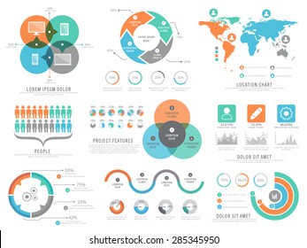 A big set of various infographic elements including statistical graphs, charts with world map and digital devices for business purpose.