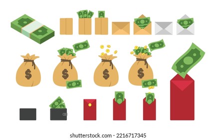 Big set various kind of money packages clipart vector design illustration. Green banknote dollar bills packed in paper envelope, mail, money bag, wallet, lucky money flat icon cartoon. Finance concept svg