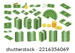 Big set various kinds of money clipart vector design illustration. Simple packing, piles, fan shape green money banknote dollar bill, and yellow golden coins flat icon cartoon style. Finance concept