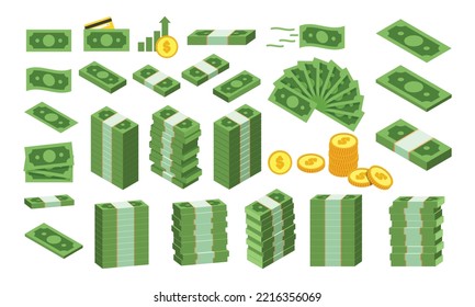 Big set various kinds of money clipart vector design illustration. Simple packing, piles, fan shape green money banknote dollar bill, and yellow golden coins flat icon cartoon style. Finance concept
