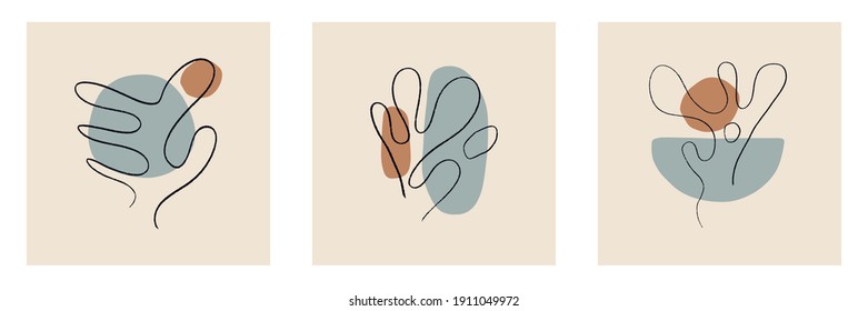 Big set of various Leaves, abstract shapes. Ink painting style. Contemporary hand drawn Vector illustrations.  All elements are isolated