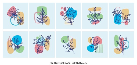 Gran conjunto de hojas, flores y formas abstractas. Estilo de pintura con tinta. Ilustración de vectores dibujada a mano contemporánea. Líneas continuas, concepto minimalista elegante. Todos los elementos están aislados