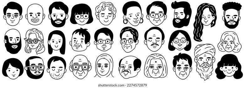 Big set of various people's faces in hand drawn sketch design, black and white ink style. Ethnicity, diverse, different races, multiracial, Asian, caucasian, african, indian, american, arabian. 