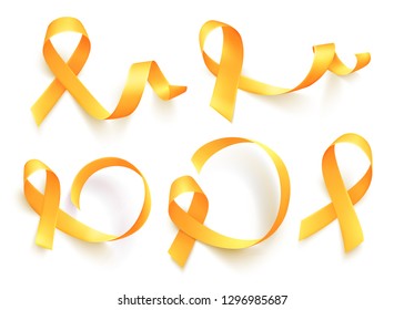 Big set of various realistic gold ribbons over white background. World childhood cancer symbol, vector illustration. Template for poster for cancer awareness month.