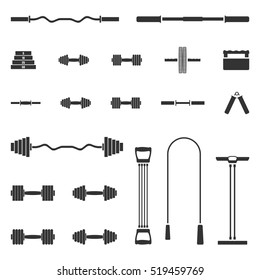Big set of various sports equipment for the gym and fitness, isolated on white background, vector illustration.