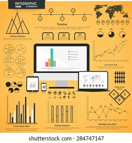 A big set of various statistical business infographic elements with modern digital devices presentation on yellow background. 