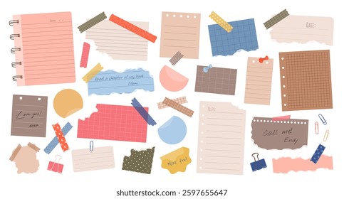 Big set of various torn paper notes, stickers, to do list, notebook, duct tapes, paper clips. Isolated flat sticky elements, planners, reminders for mood boards, scrapbooking, craft designs. Vector.
