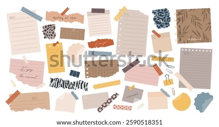 Big set of various torn paper notes, stickers, to do list, notebook, duct and washi tapes, paper clips. Isolated sticky elements, planners, reminders for mood boards, scrapbooking or collages. Vector.