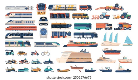 Big Set Of Various Transportation Including Train, Bus, Truck, Ships, Boats, And Vehicles. Cartoon Vector Illustration