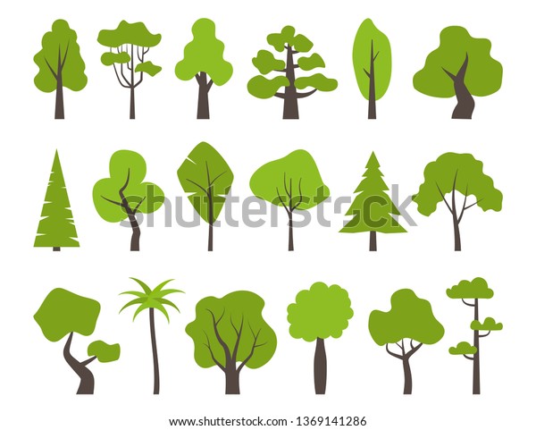 Big set of various trees.\
Tree icons set in a modern flat style. Pine, spruce, oak, birch,\
trunk, aspen, alder, poplar, chestnut, palm apple tree Vector\
illustration
