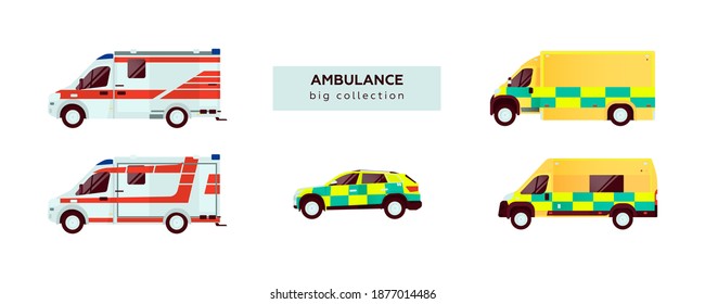 Big Set of Various Type of Ambulance Emergency Vehicle. Modern Flat Style Vector Illustration.