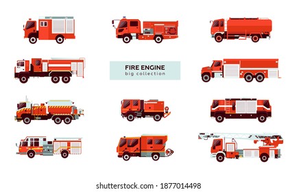 Gran conjunto de varios tipos de vehículos de emergencia de camiones de bomberos rojos. Ilustración moderna de vectores de estilo plano.