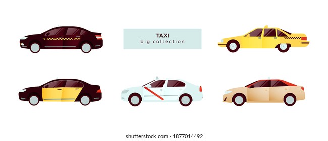 Gran juego de diferentes tipos de taxi. Ilustración moderna de vectores de estilo plano.