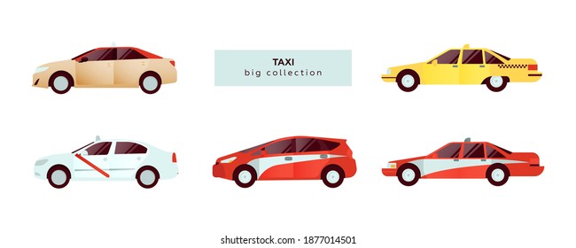Big Set of Various Type of Taxi Car. Modern Flat Style Vector Illustration.