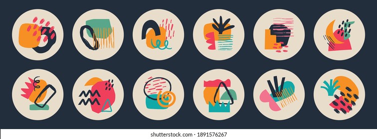 Big set of various vector geometric highlight covers. Abstract backgrounds. Various shapes, lines, spots, dots, doodle objects. Hand drawn templates. Round icons for social media stories. Perfect for