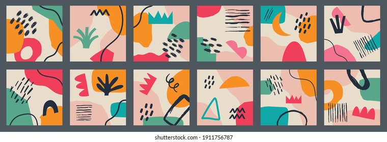 Big set of various vector geometric abstract backgrounds. Various shapes, lines, spots, dots, doodle objects. Hand drawn templates. Round icons for social media stories