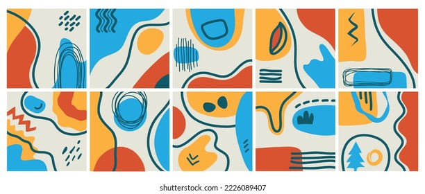 Big set of various vector geometric abstract backgrounds. Various shapes, lines, spots, dots, doodle objects. Hand drawn templates. Round icons for social media stories