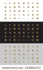 Big set of various vector golden glitter geometric shapes isolated on white black and transparent backgrounds.