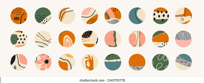 Big set of various vector highlight covers. Abstract backgrounds. Various shapes, lines, spots, dots, doodle objects. Hand drawn templates. Round icons for social media stories. Perfect for bloggers