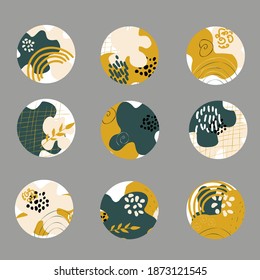 Big Set of various vector highlight covers. Abstract backgrounds. Various shapes, lines, spots, dots, doodle objects. Hand drawn templates. Round icons for social media stories. Perfect for bloggers