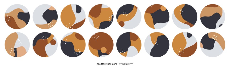Big set of various vector highlight covers. Abstract backgrounds. Various shapes, lines, spots, dots, doodle objects. Hand drawn templates. Round icons for social media stories. Perfect for bloggers