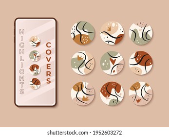 Big Set of various vector highlight covers.  Abstract backgrounds. Shapes, lines, spots, dots, doodle objects. Hand drawn templates. Round icons for social media stories. For bloggers