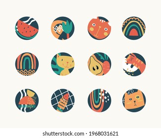 Big set of various vector highlight covers. Abstract backgrounds about various shapes, cats, fish, rainbow, fruits, doodle objects. Round icons for social media stories. Perfect for bloggers